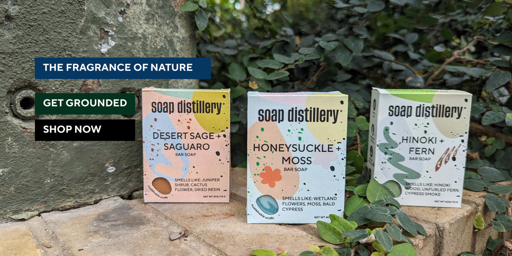 three forest bathing collection soaps (desert sage and saguaro, honeysuckle and moss, hinoki and fern) sitting on a concrete ledge with dense lush plants in the background