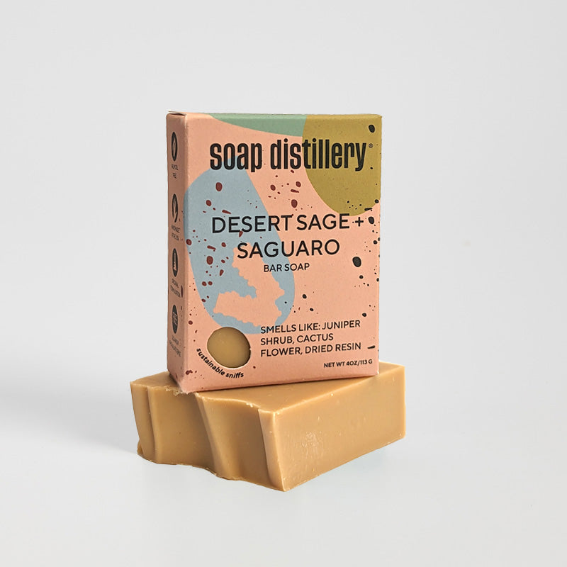 desert sage + saguaro bar soap in colorful paperboard packaging against a light grey background