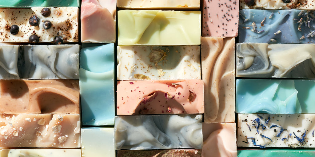aerial shot of the tops of colorful cold process bar soaps