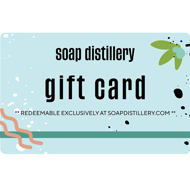 image of the soap distillery digital gift card. Black text with a light aqua background.