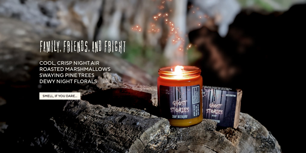 family, friends, and fright. Cool crisp air, roasted marshmallows, swaying pine trees, dewy night florals. Smell Ghost Stories in a bar soap or candle, if you dare...