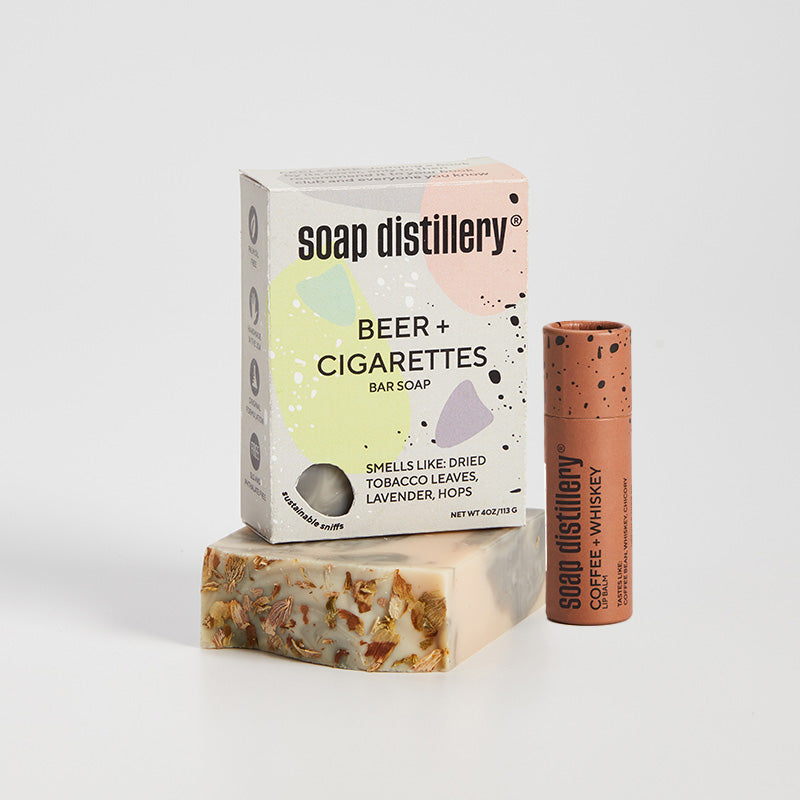 image of Soap Distillery's Beer + Cigarettes Bar Soap and Coffee + Whiskey Lip balm