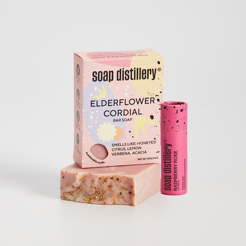 image of Soap Distillery's Elderflower Cordial Bar Soap and Raspberry Rose Lip balm
