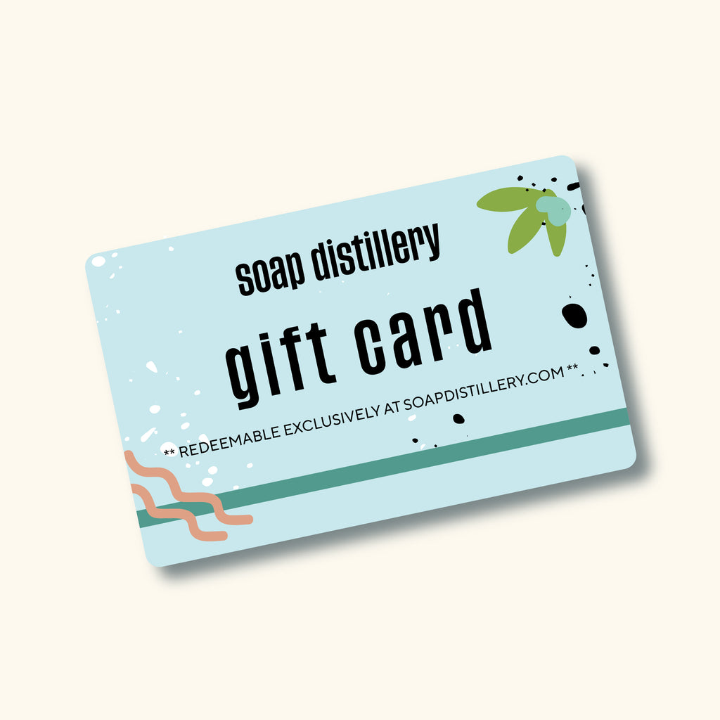 image of the soap distillery digital gift card. Black text with a light aqua background.
