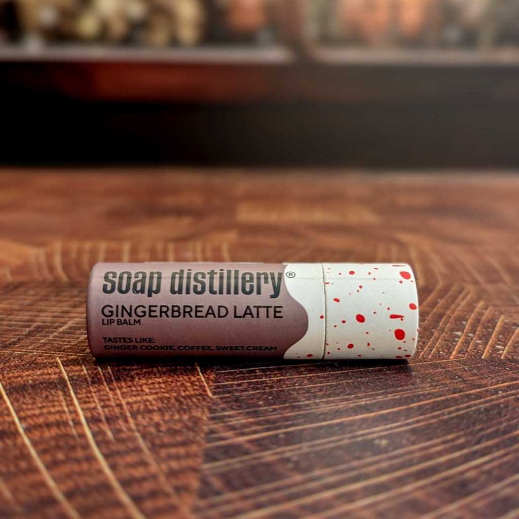 gingerbread latte lip balm on a wooden table