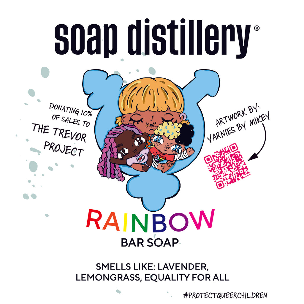 illustration of rainbow bar soap small square poster size donating 10% to the trevor project