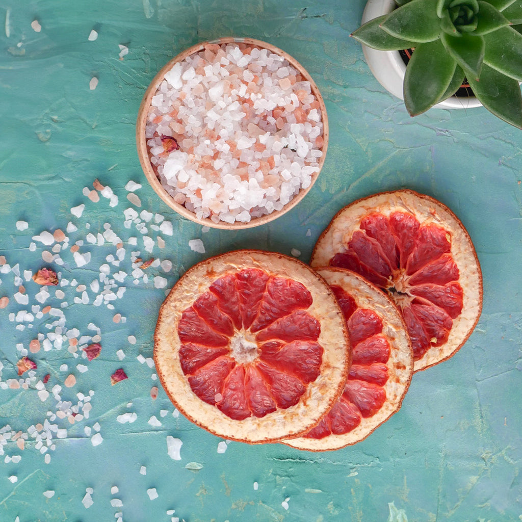 aerial view of dried grapefruit slices on an aqua colored surface with sprinkled Himalayan pink salt and a small succulent