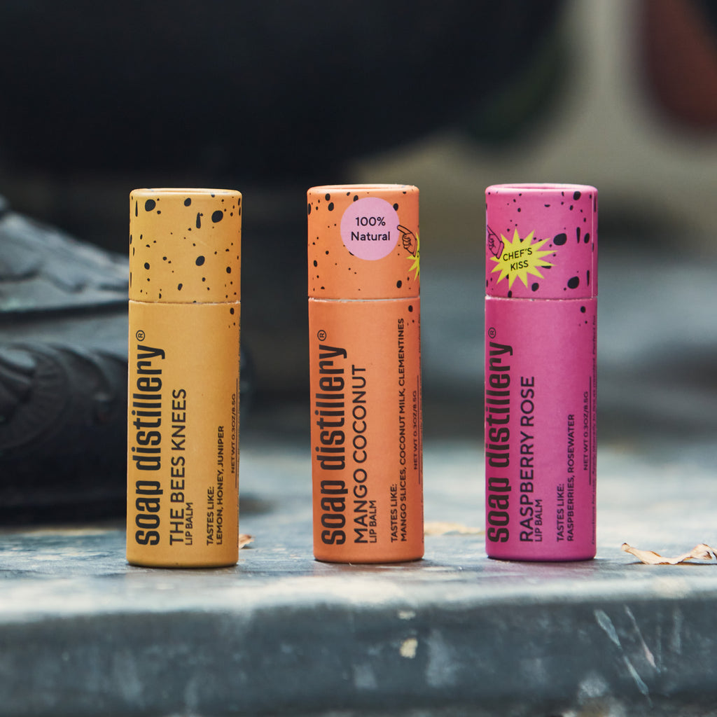 The bees knees, mango coconut, and raspberry rose lip balms standing on a concrete surface