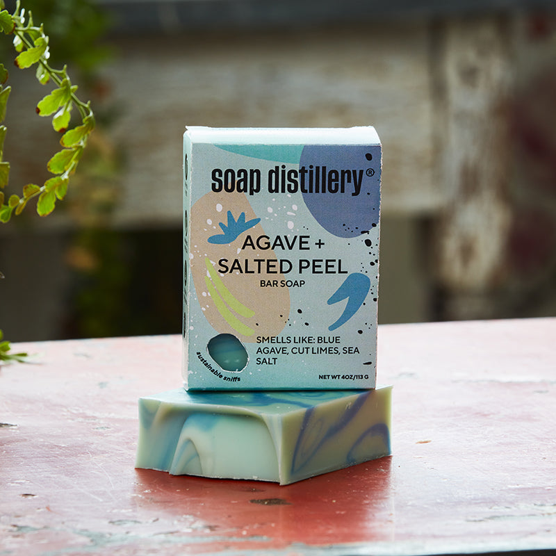 agave and salted peel soap bar on a lifestyle background