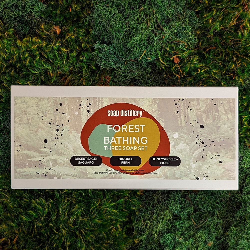 aerial view of A Forest Bathing three soap gift set in white paperboard packaging with a colorful center against a mossy and green background